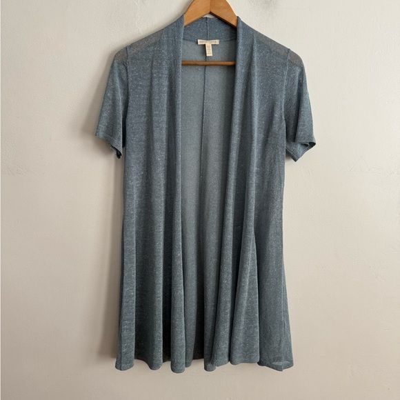 Eileen Fisher Long Open Front Linen Cardigan Short Sleeve Light Blue Shimmer - Picture 2 of 8